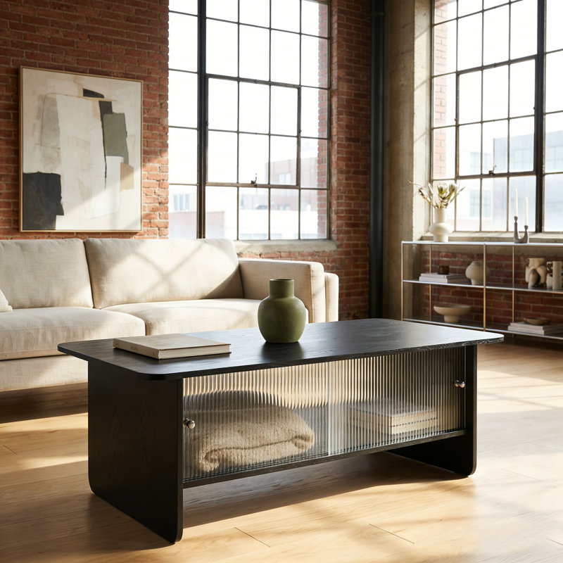 Table basse rectangulaire minimaliste moderne avec centre de rangement à porte coulissante en verre, convenant au salon et à la chambre à coucher