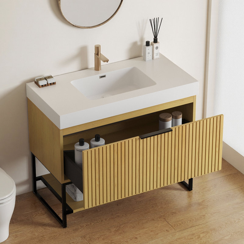 Ensemble de meuble-lavabo sur pied 36 po avec lavabo à surface solide YOLAN, armoire en chêne Corolla, tiroir à fermeture en douceur