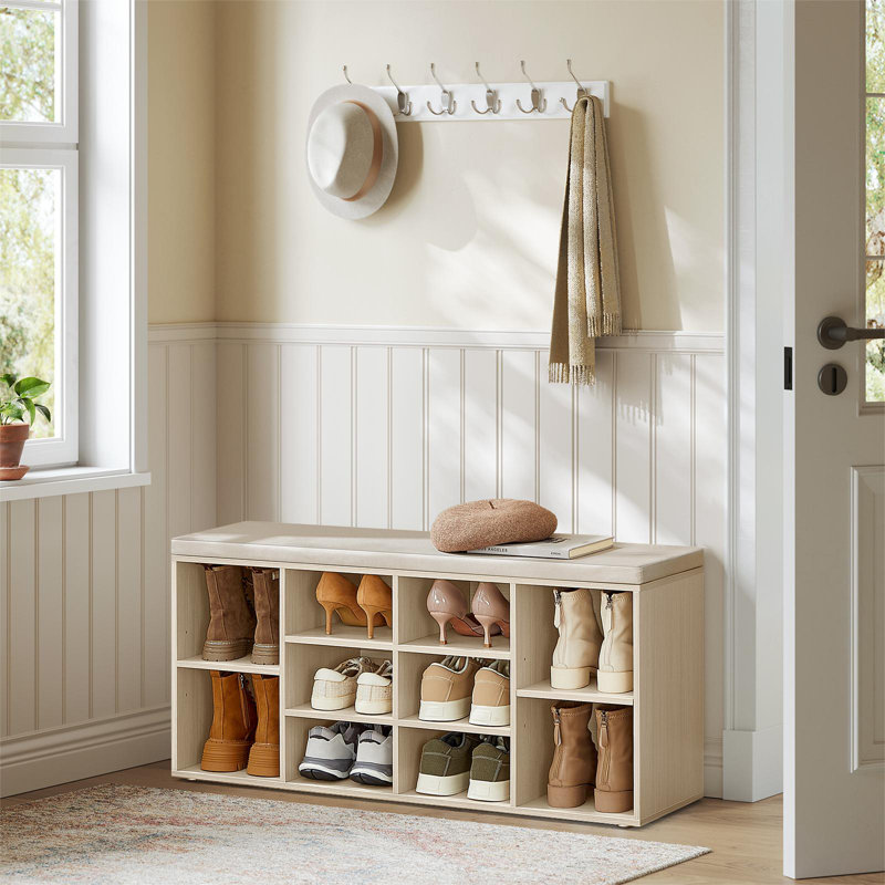 Arney 10 Pair Shoe Storage Bench with Adjustable Shelves, Natural Beige