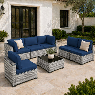 Outdoor 7-Piece Modular Rattan Patio Conversation Set with Cushions - Gray White/Navy Blue
