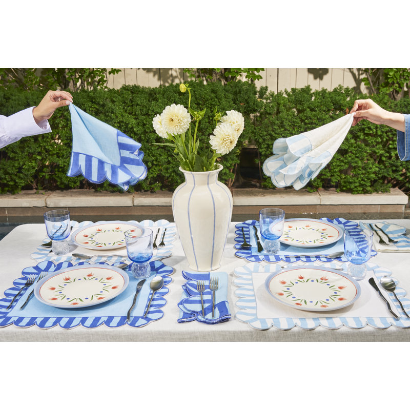 Embroidered Linen Scalloped Stripe Double-Sided Placemats, Blue