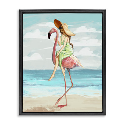 " Beach Woman Riding Pink Flamingo Tall Tropical Bird " by Ziwei Li