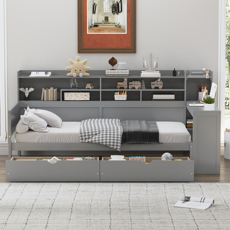 Lit de jour en bois avec tablettes de rangement, Gris, Lit simple