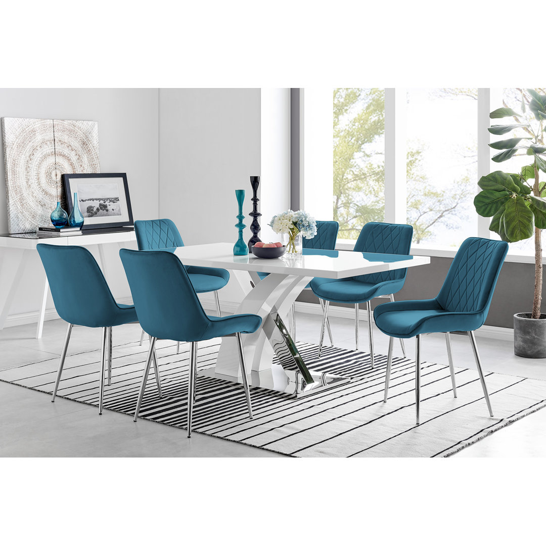 Edzard Chrome & White High Gloss Dining Table Set with 6 Luxury Velvet Dining Chairs East Urban Home Chair 