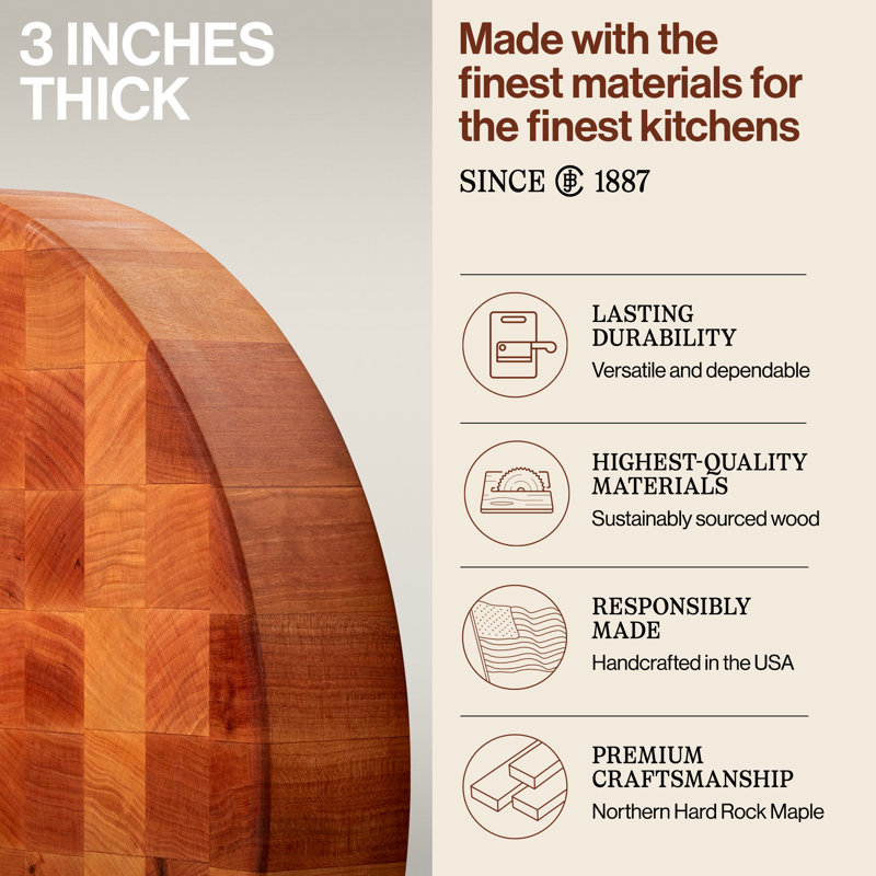 BoosBlock® Chinese Chopping Block 3" End Grain Maple Non-Reversible Round Block, 24" L x 24" W x 3" D, Maple