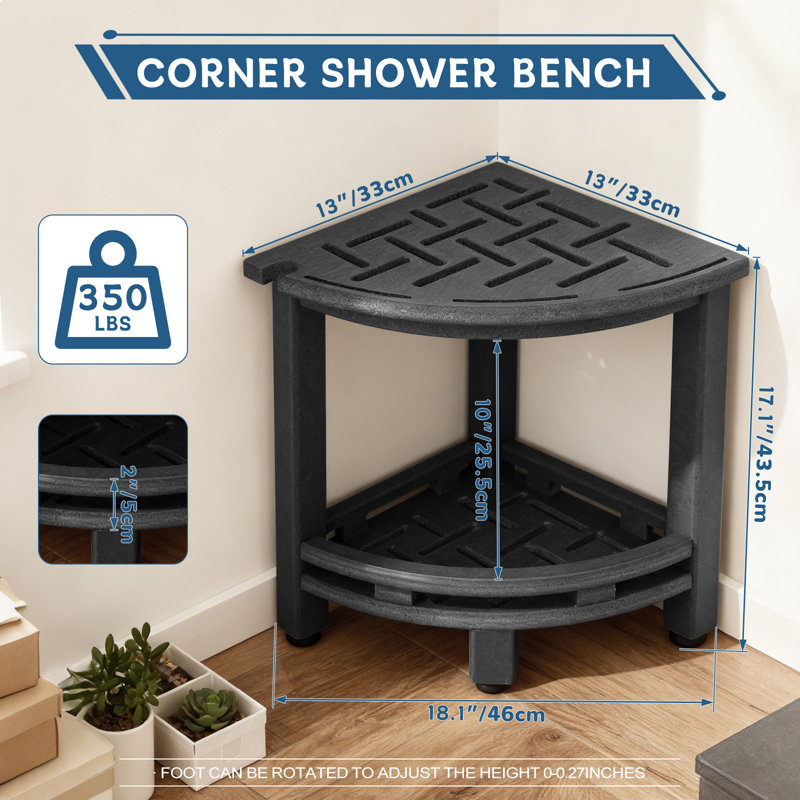 Hdpe Shower Bench For Inside Shower, Poly Corner Shower Stool For Shaving Legs, Heavy Duty 350lbs Shower Seat With Storage Shelf, Waterproof Shower Foot Rest Shower Chair For Bathroom Indoor Outdoor Use