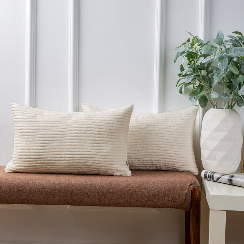 Coussin décoratif en velours côtelé rayé, coussin décoratif texturé de couleur unie, Rectangle 12"H x 20"W, Blanc cassé