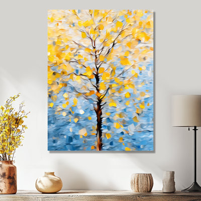 Vibrant Yellow Autumn Tree Blue Sky - Tree Floral Wall Art Decor