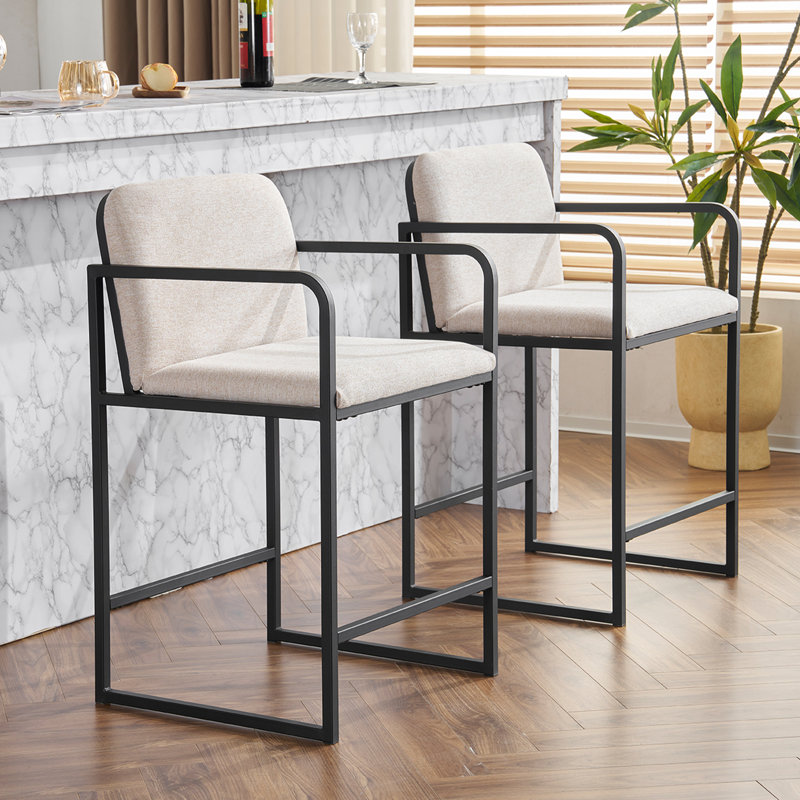 Modern Upholstered Counter Height Bar Stools with Armrests, Metal Frame, and Padded Seat,, Beige Fabric
