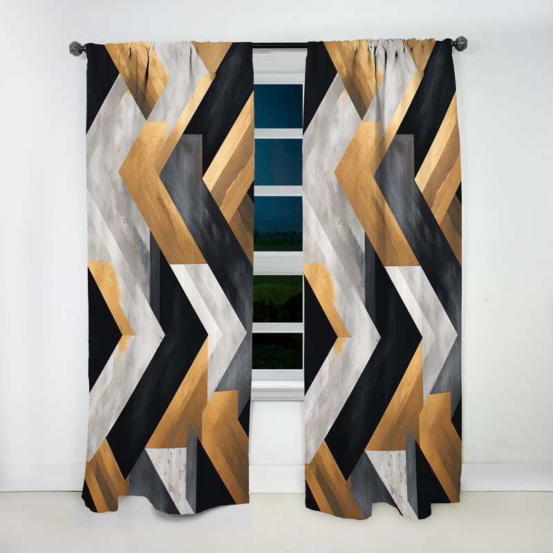 Efrat Black And Gold Geometric Tiles II - Modern Curtain - Velvet Room Darkening - 1 panel, 52" W x 108" L