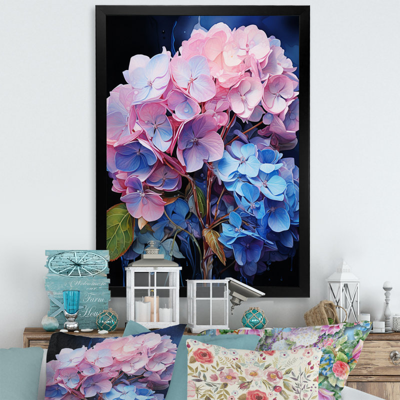 «Ginesta Blue Rose Hydrangea Majestic Elegance», reproduction sur toile, H 32 po x l 16 po x P 1 po, Cadre photo noir
