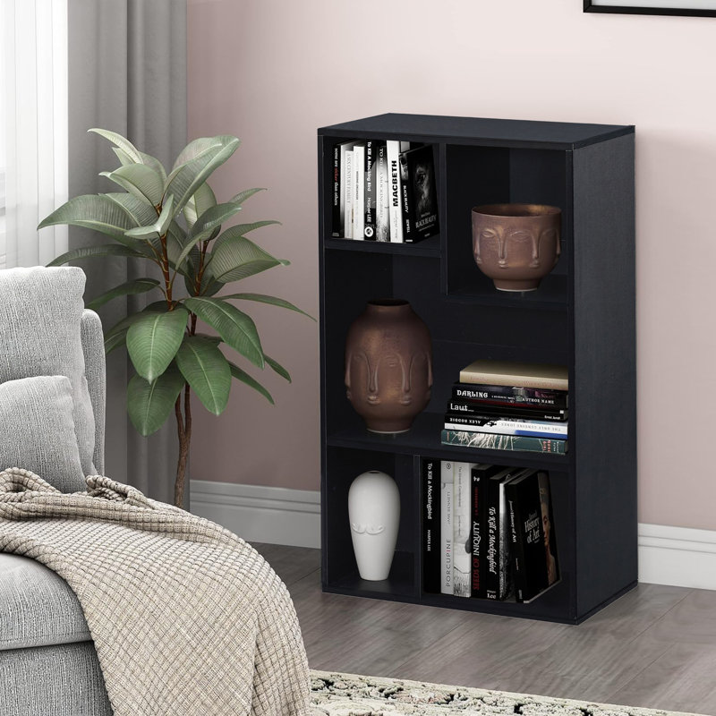 Petite bibliothèque noire avec 3 tablettes simples et 15 casiers de rangement noirs avec tablettes ouvertes, Noir
