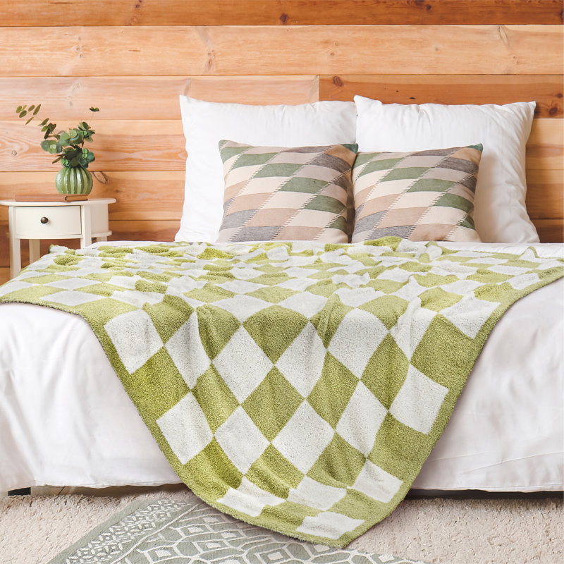 Sage Green and White Checkered Fleece Throw Blanket