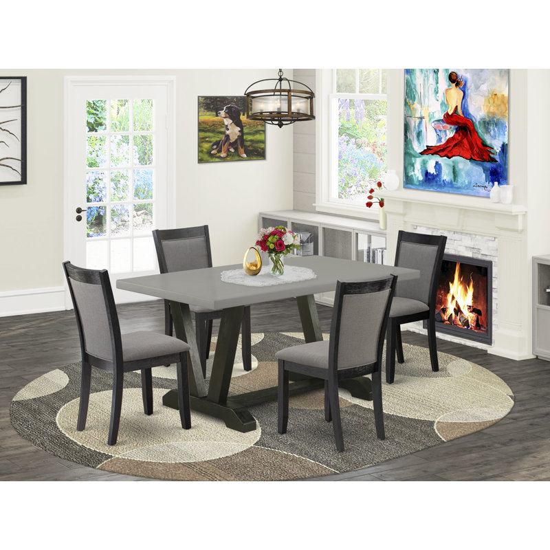 5-Pc Table Set Consists of a Cement Kitchen Table and 4 Dark Gotham Grey Linen Fabric Padded Parson Chairs with High Back - Wire Brushed Black Finish
