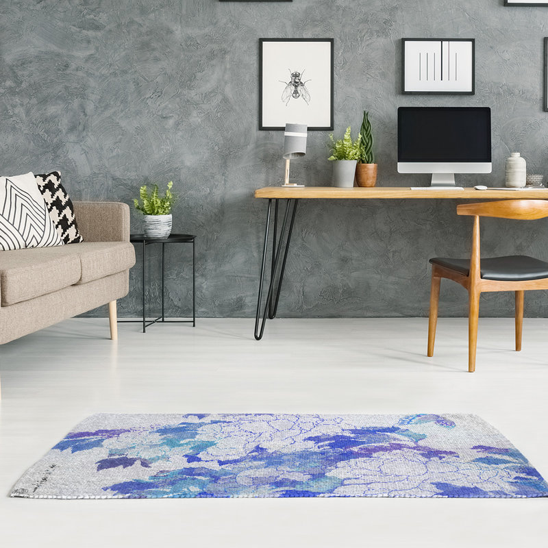 Tapis blanc/bleu de pivoines et papillon, Rectangle 3 pi x 5 pi