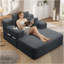 Luxueuse chaise longue en velours côtelé moelleux avec 3 coussins, canapé-lit convertible avec poche de rangement, conception sans cadre et mousse de compression pour les petits espaces, salon, appartement, gris foncé-189001402-189001028