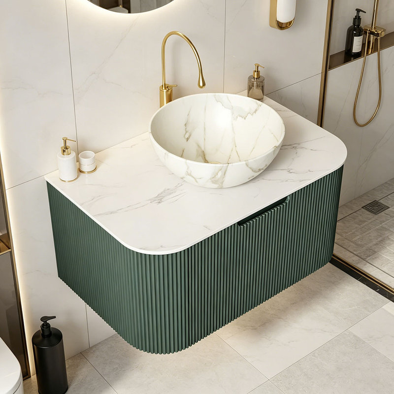 Meuble-lavabo 30 po, armoire de salle de bain en contreplaqué rayé à bords arrondis avec tiroir, vasque en céramique blanc mat et plateau en pierre frittée, pré-assemblé