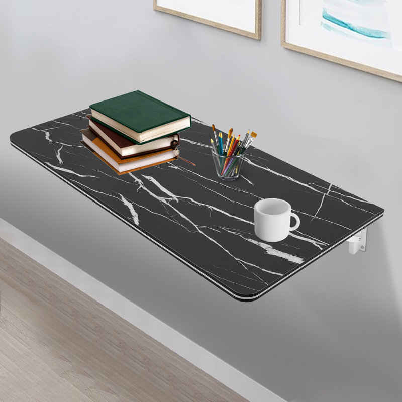 Black Marble Wall-Mounted Folding Desk with Metal Brackets