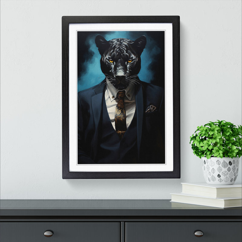 Panther In A Suit Painting No.2 - Single Picture Frame Print on Wood, 34cm H x 25cm W x 2cm D, Black Framed