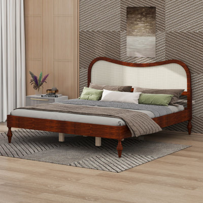 Wood Bed Frame with Rattan Headboard, Boho Style Platform Bed with Wood Slats Support, Under Bed Storage