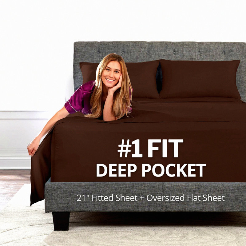 Luxury Comfort 21" Deep Pocket Queen Sheet Set - 4 Piece Bedding Set with Oversized Flat Sheet & Pillowcases - Brown Pillow Top Sheets for Queen Size Bed