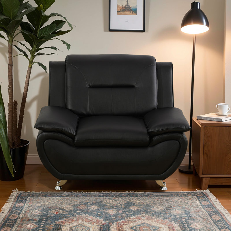 Luxury Black Faux Leather Accent Chair with Solid Wood Frame and Metal Legs, Black