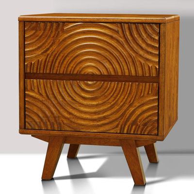 Harmony Solid Wood 2-Drawer Nightstand – Mid-Century Modern Bedside Table with Hand-Carved Wood Texture