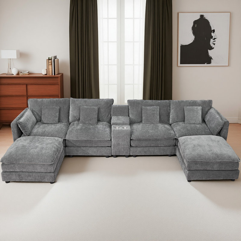 Canapé modulaire en U en forme de nuage pour le salon, canapé modulaire confortable avec repose-pieds mobile et boîte de rangement, porte-gobelets, gris