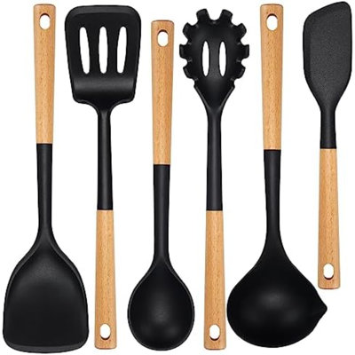 Ensemble de 6 ustensiles de cuisine en silicone avec manche en bois, sans BPA et de qualité alimentaire | Résistants à la chaleur jusqu'à 230 °C (446 °F), antiadhésifs, avec louche à bec verseur et trou de suspension. Parfait pour la cuisine, la pâtisserie et les pendaisons de crémaillère.