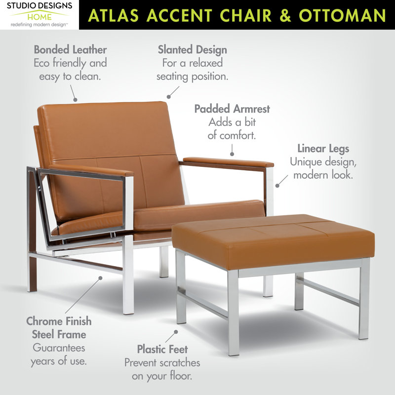 Faux Leather Armchair with Ottoman, Brown Faux Leather
