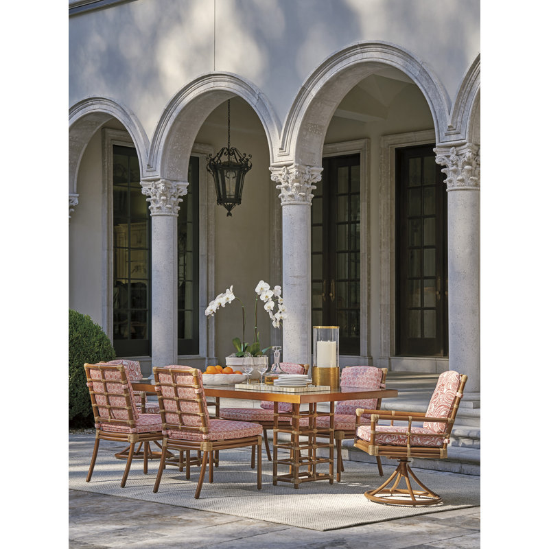 Brown Leather-Like Bamboo Rectangular Dining Table with Wavy Glass Top