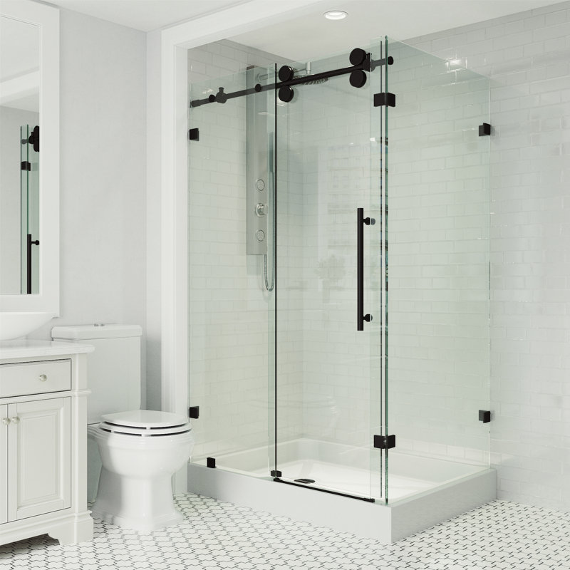 Winslow 48" W x 36" D x 80" H Sliding Frameless Shower Enclosure with 3/8  Clear Glass&Base, Left, Matte Black