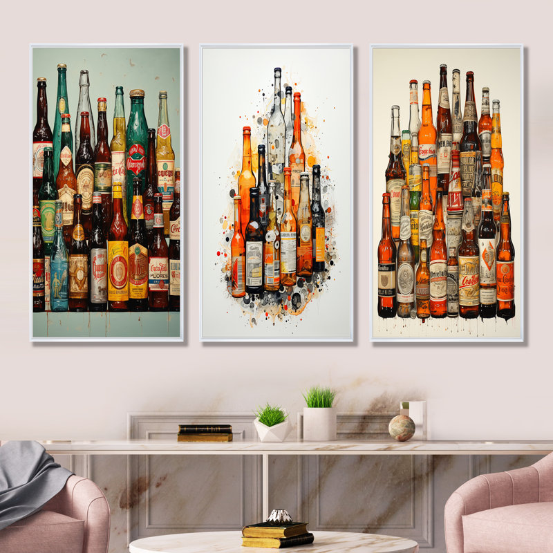 Collage de bouteilles de bière, H 28 po x l 36 po, Cadre flottant blanc