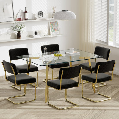 7 Piece Rectangle Glass Dining Table Set, with 6 Corduroy Dining Chair, Metal Legs. by Mercer41