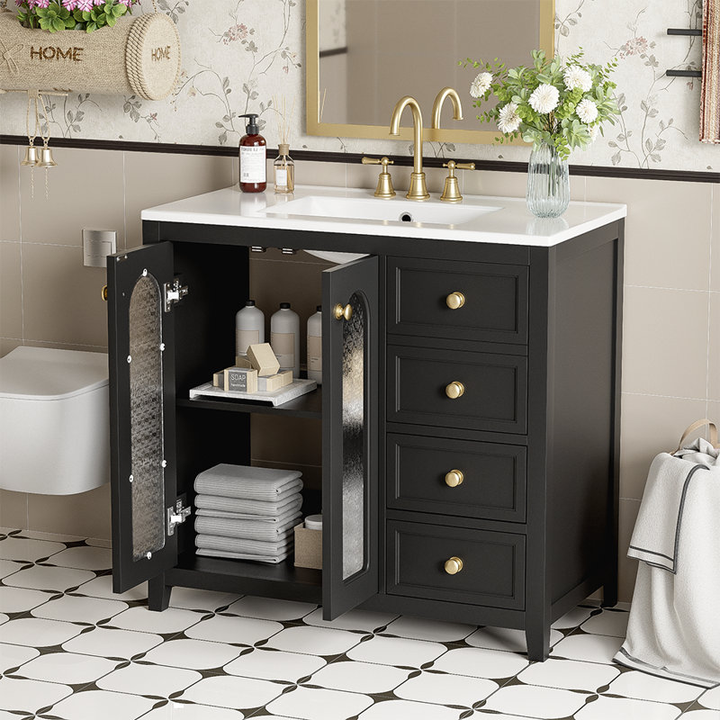 bathroom vanity with two soft close doors adjustable shelves and three drawers, Black