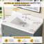 Plan de toilette en surface solide de 76 cm (30 po) de largeur × 56 cm (22 po) de profondeur, avec lavabo central simple intégré, comptoir de salle de bain blanc, dosseret de 9 cm (3,5 po) et 3 trous pré-percés pour robinetterie à entraxe de 20 cm (8 po).