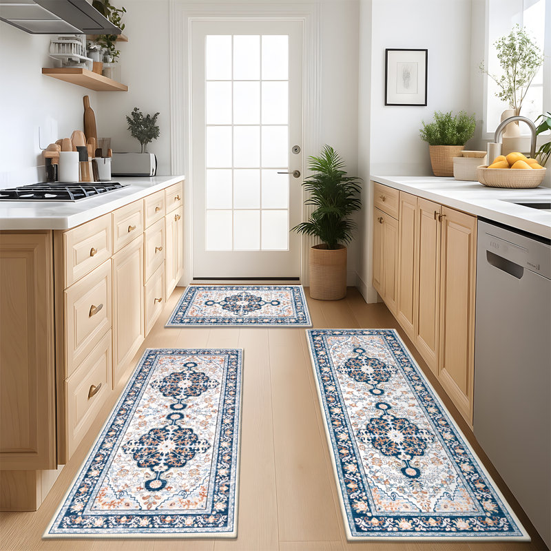Tapis de couloir antidérapant (ensemble de 3), Bleu