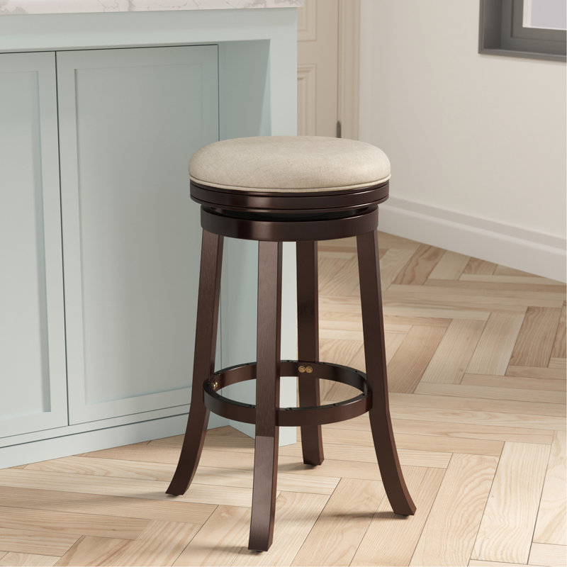 Tabouret de bar 30 po avec finition, revêtement en tissu beige relaxant, tabouret pivotant fonctionnel, coussin de siège, base en bois franc stable, liberté de mouvement à 360 degrés