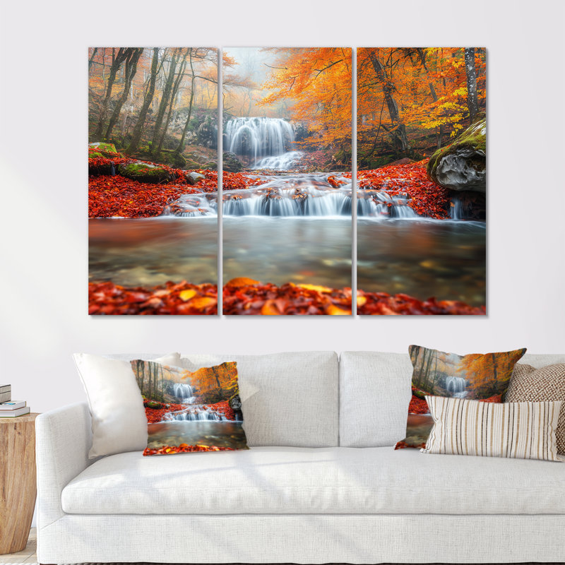 «Yellow Autumn Mountain Waterfall Long View - Waterfall», ensemble d'art mural, Métal métal, H 28 po x l 36 po x P 1 po