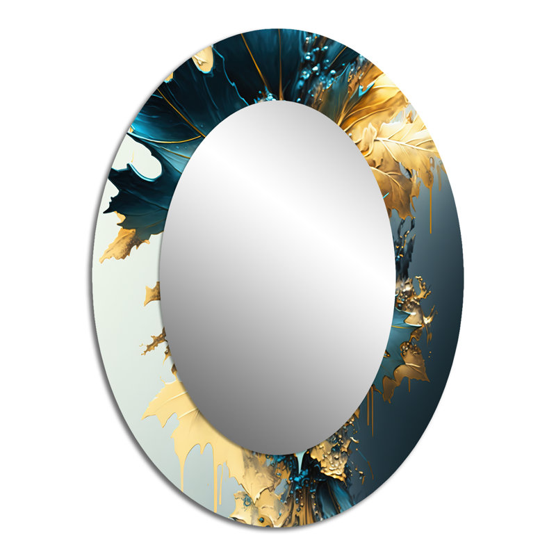 Abstract Blue And Gold Leaves II - Large Oval Wall Mirror On Metal, 40" x 30"