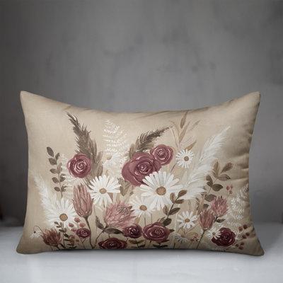 Boho Flowers Mauve Beige Indoor / Outdoor Pillow