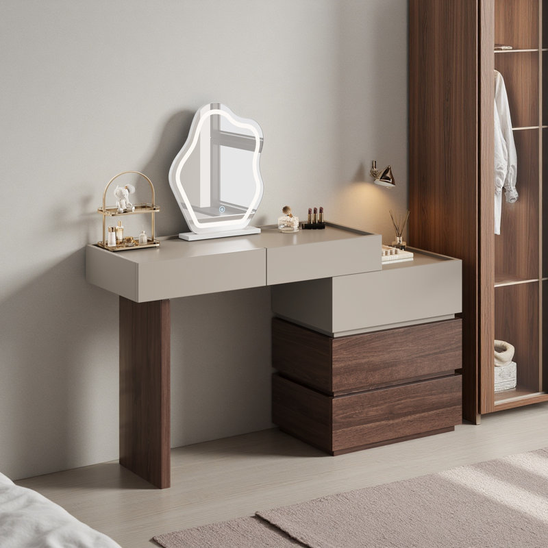Bureau de coiffeuse moderne à deux tons avec 5 tiroirs de différentes tailles, commode à poignées cachées