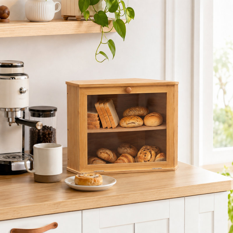 Natural Bamboo Corner Bread Box for Kitchen Counter 2 Layers Food Storage Container