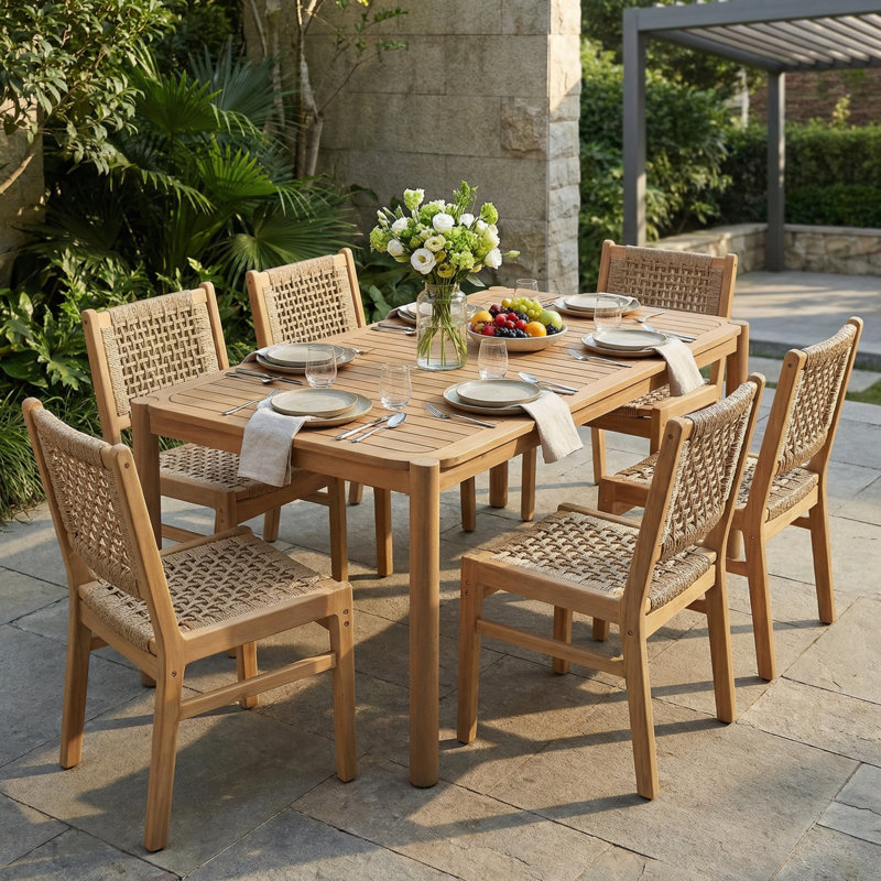 Ensemble repas d'extérieur en bois d'acacia 6 personnes avec osier tissé à la main Solvire, Light Brown Wicker/Light Teak