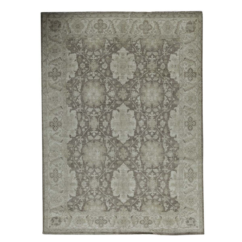 Tapis beige / gris en laine noué à la main de conception unique 8 pi x 10 pi 5 po