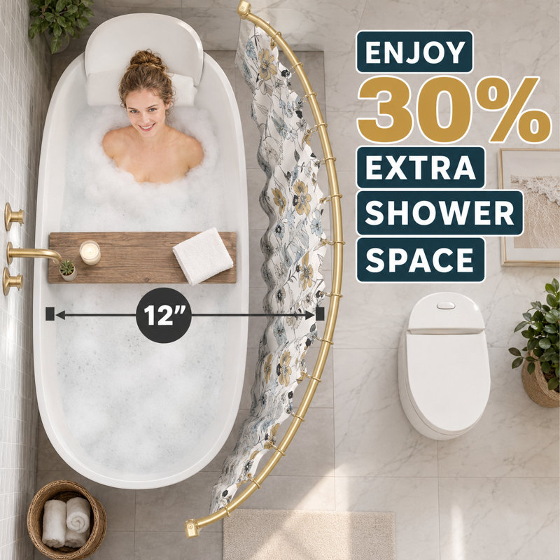 Tringle à rideau de douche incurvée dorée, 35 à 82 pouces (2,9 à 6,8 pi), ronde antirouille pour baignoire de salle de bain, arquée réglable, ne rouille jamais, espace antidérapant extensible, nécessite un perçage