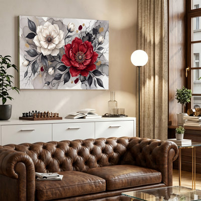 Art floral rouge et blanc avec accents dorés, toile tendue, prête à être accrochée