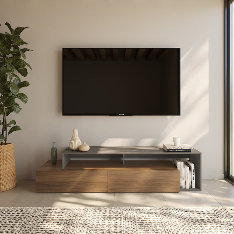 Meuble télé avec 2 tiroirs pour téléviseur de 78 po ou moins Caven, Gris / noir