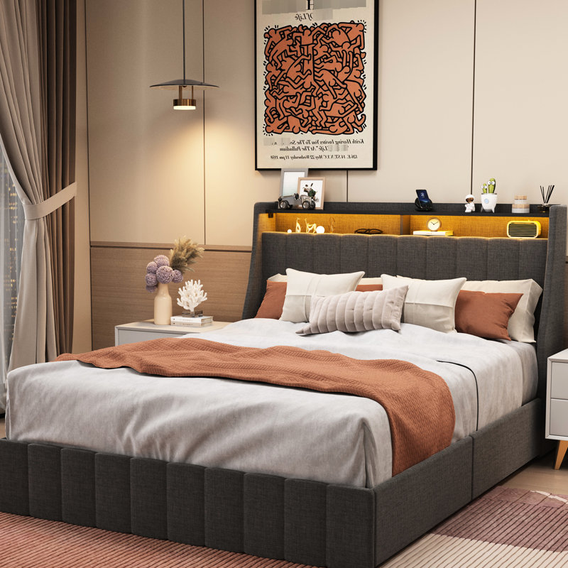Grand lit gris foncé, lit lumineux à DEL et 4 grands tiroirs avec rangement inférieur