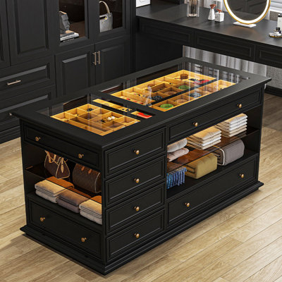 59.06" French Vintage Storage & Display Cabinet for Jewelry, High-End Jewelry Cabinet with LED Light Strip, Available in Black and White